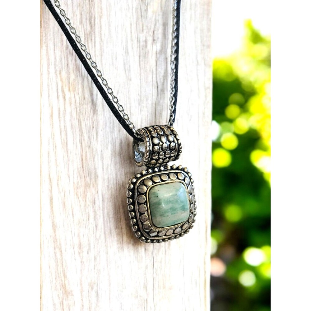 Vintage Blue Stone Silver Tone Chunky Pendant Double Strand Necklace 18"